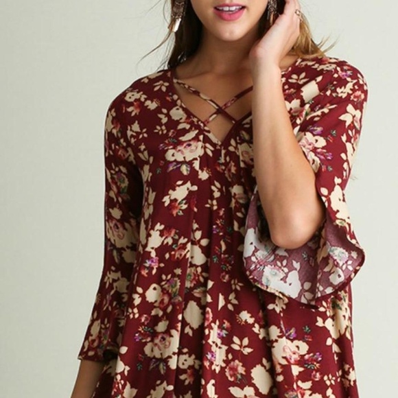 UMGEE Flirty Floral Burgundy Mini Dress Women's S - Picture 6 of 7